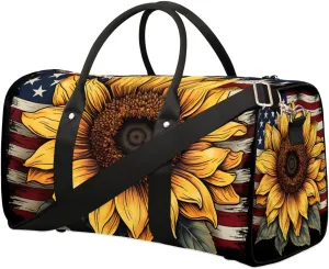 4th of July Sunflower Travel Duffel Bag for Women Men Waterproof Foldable Overnight Weekender Bag Large Capacity Sports Gym Bag