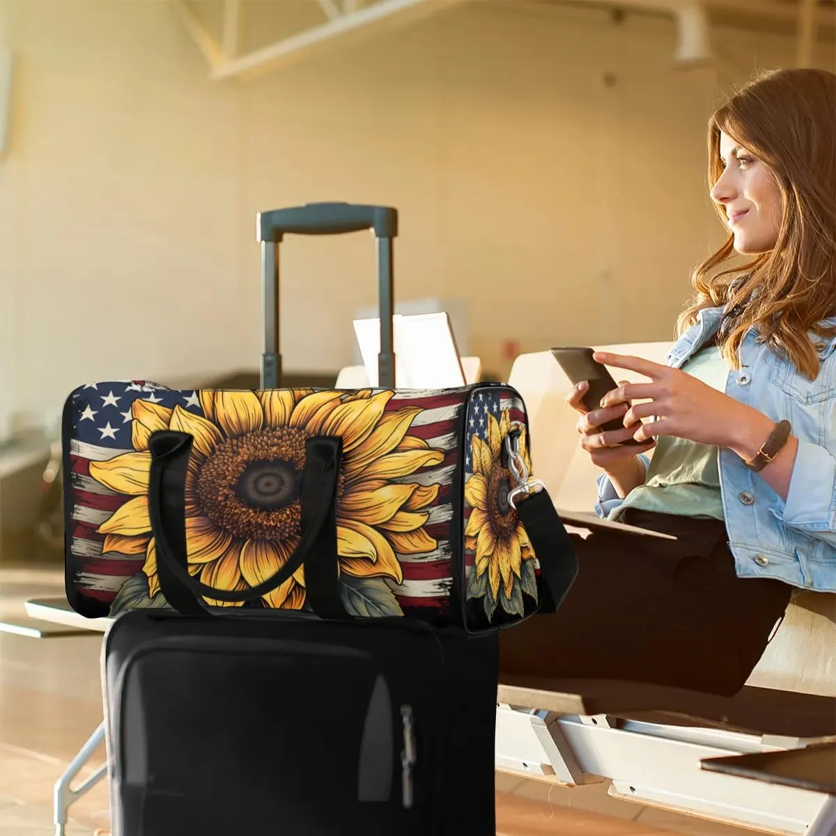 4th of July Sunflower Travel Duffel Bag for Women Men Waterproof Foldable Overnight Weekender Bag Large Capacity Sports Gym Bag