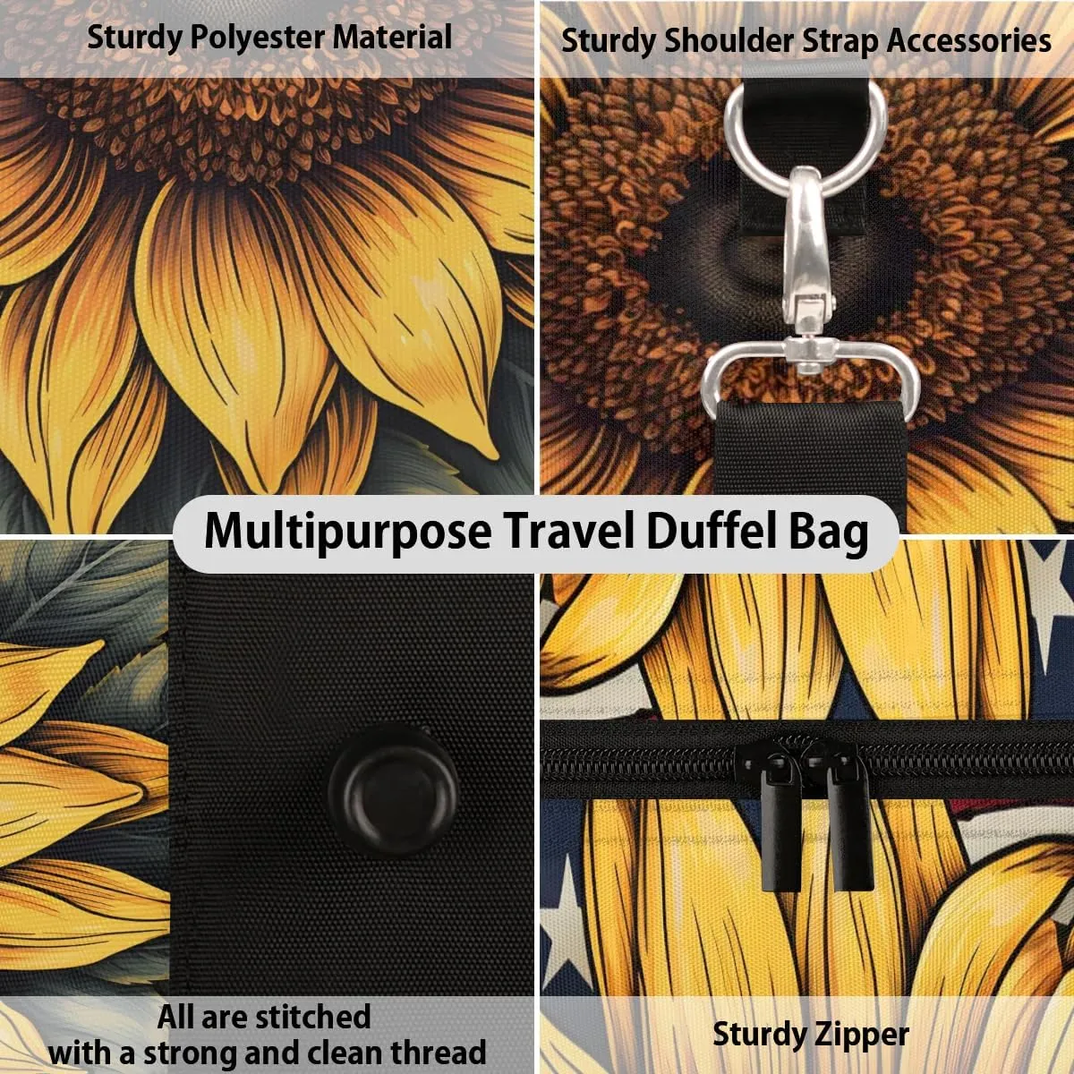 4th of July Sunflower Travel Duffel Bag for Women Men Waterproof Foldable Overnight Weekender Bag Large Capacity Sports Gym Bag