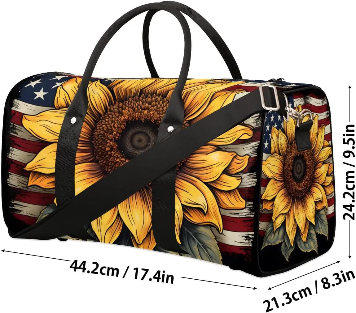 4th of July Sunflower Travel Duffel Bag for Women Men Waterproof Foldable Overnight Weekender Bag Large Capacity Sports Gym Bag