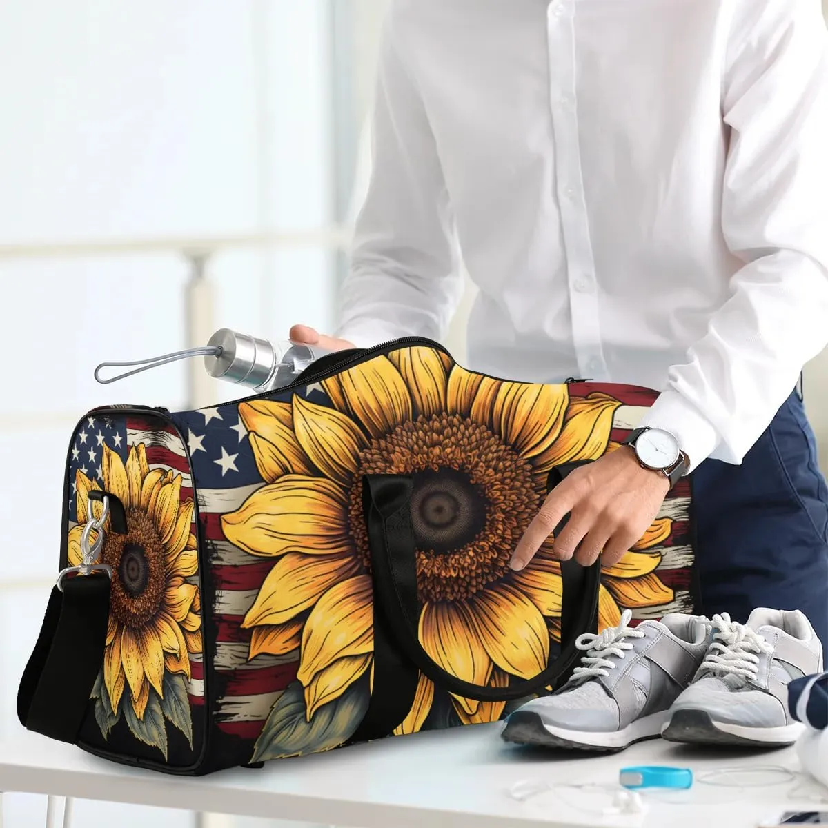 4th of July Sunflower Travel Duffel Bag for Women Men Waterproof Foldable Overnight Weekender Bag Large Capacity Sports Gym Bag