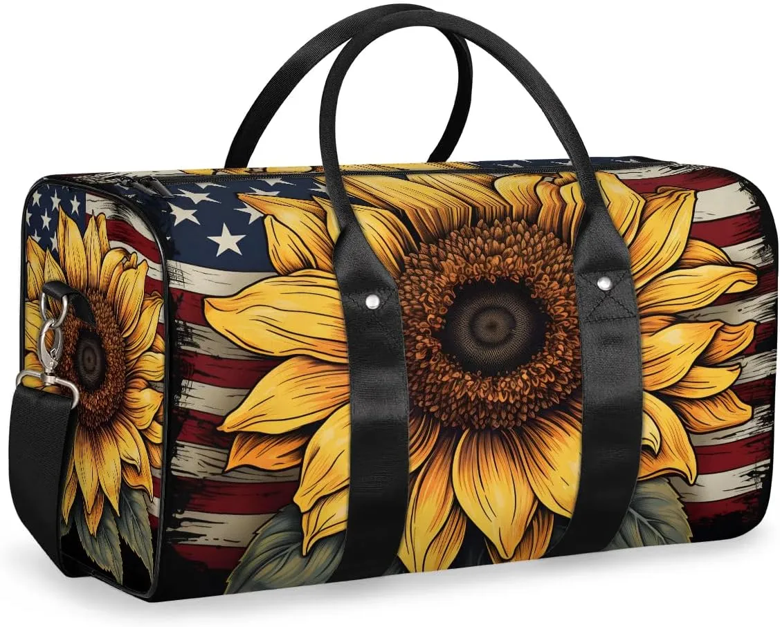 4th of July Sunflower Travel Duffel Bag for Women Men Waterproof Foldable Overnight Weekender Bag Large Capacity Sports Gym Bag