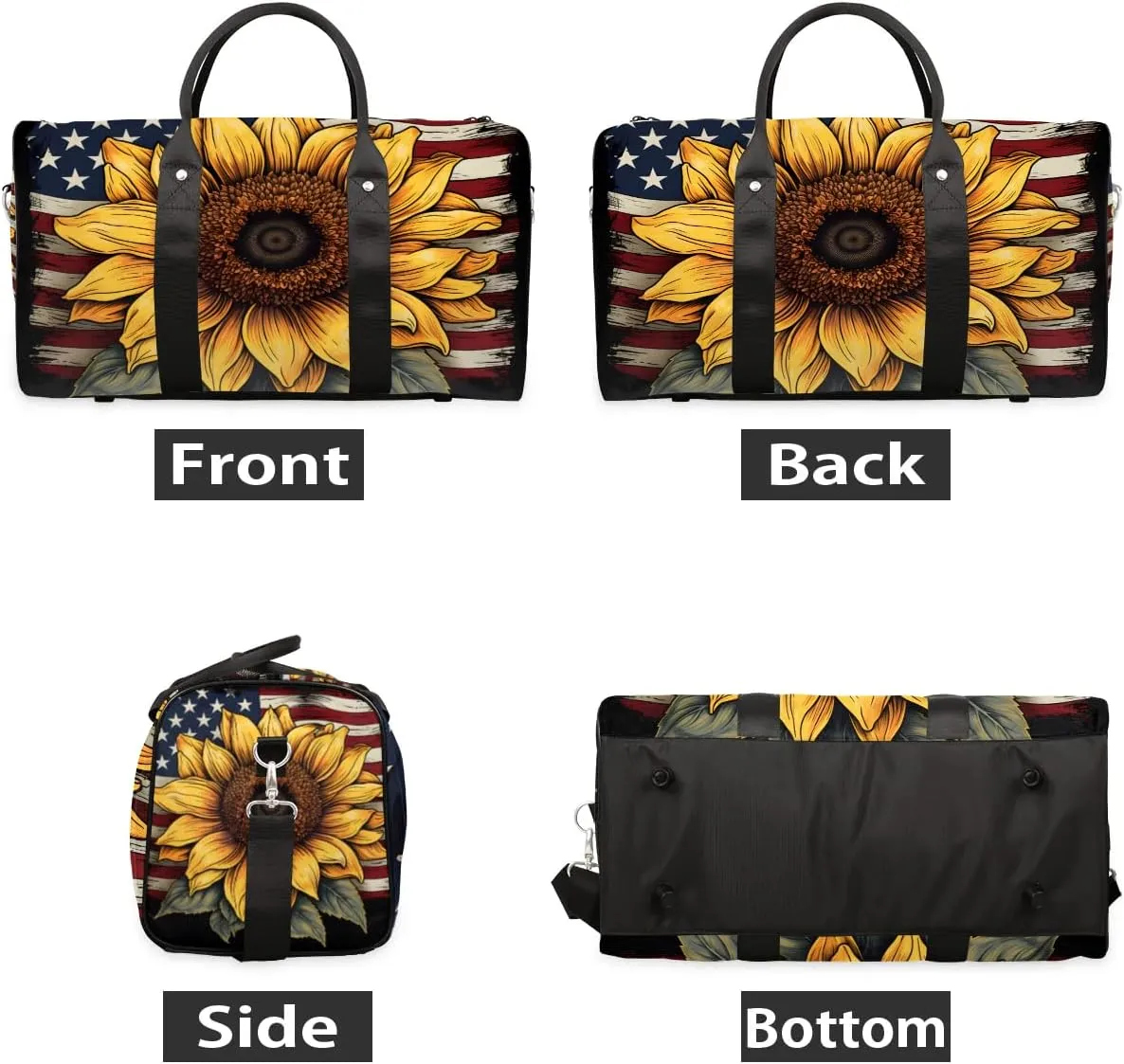 4th of July Sunflower Travel Duffel Bag for Women Men Waterproof Foldable Overnight Weekender Bag Large Capacity Sports Gym Bag