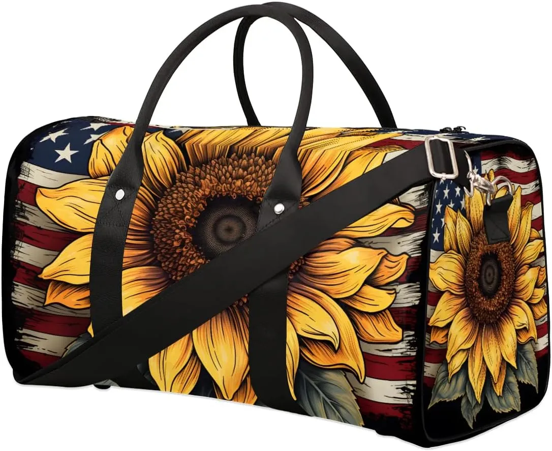 4th of July Sunflower Travel Duffel Bag for Women Men Waterproof Foldable Overnight Weekender Bag Large Capacity Sports Gym Bag
