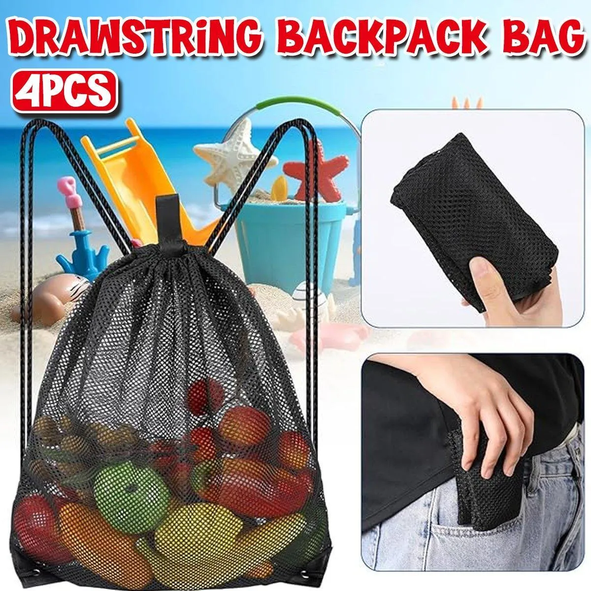4X Heavy Duty Mesh Drawstring Bag Gym Equipment Storage Bag for Beach Swimming