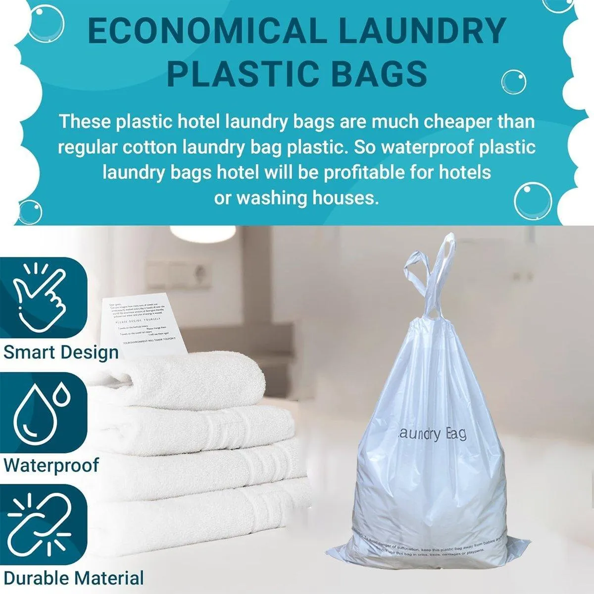 50pcs Hotel Guesthouse Plastic Laundry Bags with Drawstring for Travel or Home