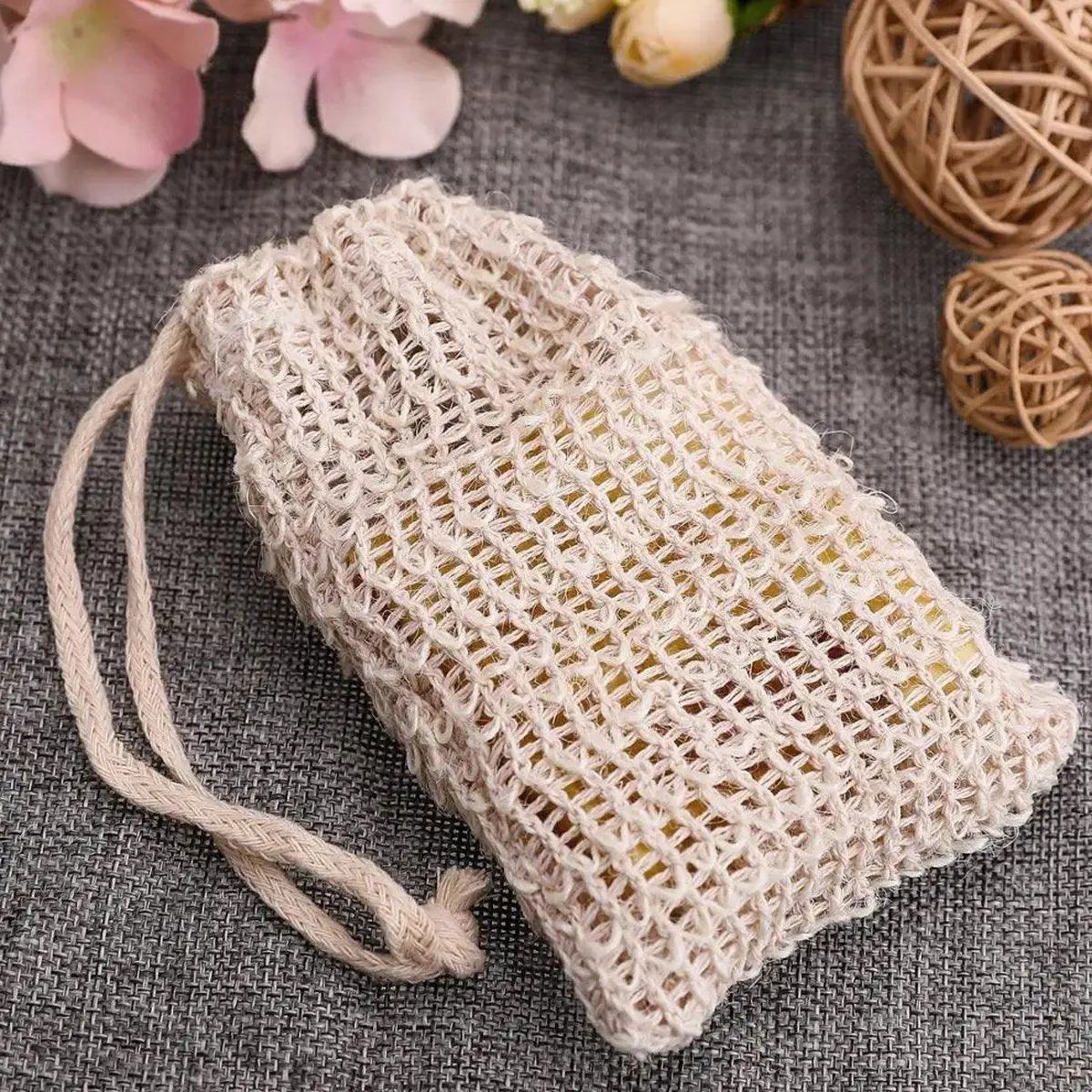 50PCS Soap Exfoliating Bags Cotton Linen Foaming Soap Saver Bag Pouch Drawstring