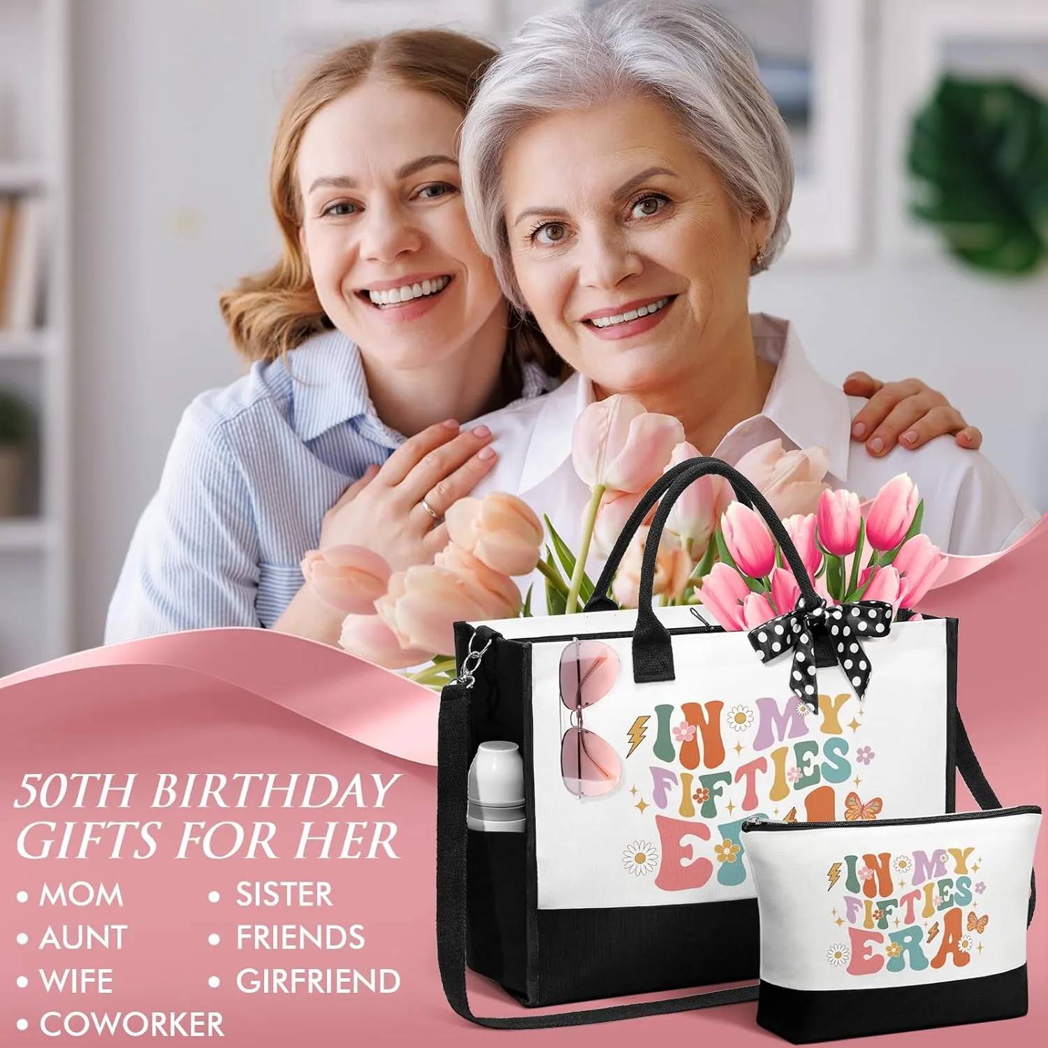 50th Birthday Gifts for Her Women, Cool Turning 50 Year Old Gifts 50 and Fabulous Gifts, Unique 1974 Happy 50th Birthday Gifts Ideas for Her Mom Sister Friend Wife Coworker- Canvas Tote Bag Makeup Bag