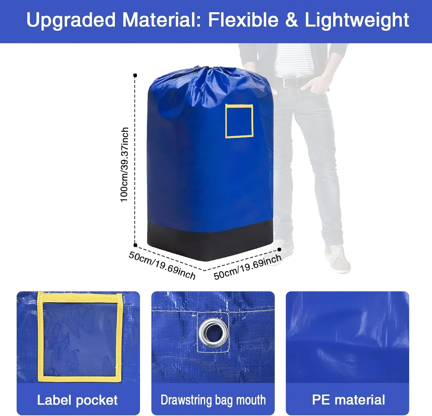 66 Gallon Extra Large Moving Storage Bags Heavy Duty with Draw String Design Perfect for Household Travel Warehouse - 2 PACK (Blue)