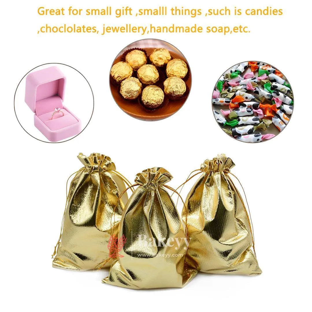 7x9 Inch Gold Drawstring Organza Jewelry Pouches Wedding Party Christmas Favor Gift Candy Chocolate Bags| Premium Gold Metallic Drawstring Gift Bags – Versatile and Stylish Packaging |Pack of 50|