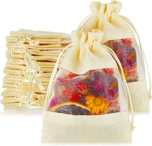 8 x 11 Inches : Jute Potli window bags, Drawstring Bags, Clear Open Window Jute Fabric Drawstring Gift Bags,Candy Jewelry Gift Pouches for Party Favors - Pack of 4