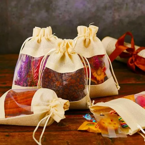 8 x 11 Inches : Jute Potli window bags, Drawstring Bags, Clear Open Window Jute Fabric Drawstring Gift Bags,Candy Jewelry Gift Pouches for Party Favors - Pack of 4
