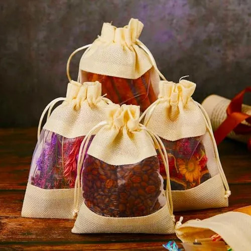 8 x 11 Inches : Jute Potli window bags, Drawstring Bags, Clear Open Window Jute Fabric Drawstring Gift Bags,Candy Jewelry Gift Pouches for Party Favors - Pack of 4