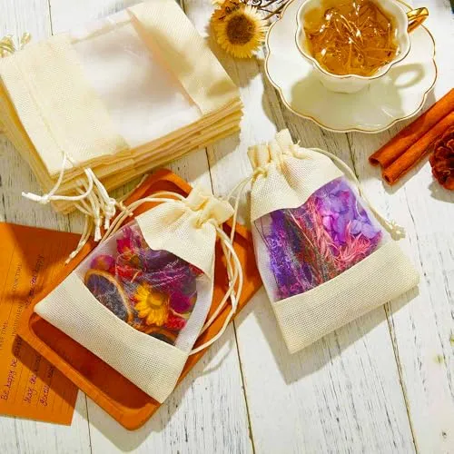 8 x 11 Inches : Jute Potli window bags, Drawstring Bags, Clear Open Window Jute Fabric Drawstring Gift Bags,Candy Jewelry Gift Pouches for Party Favors - Pack of 4