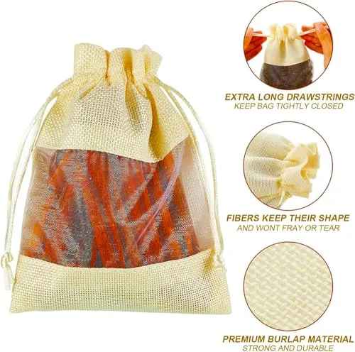 8 x 11 Inches : Jute Potli window bags, Drawstring Bags, Clear Open Window Jute Fabric Drawstring Gift Bags,Candy Jewelry Gift Pouches for Party Favors - Pack of 4