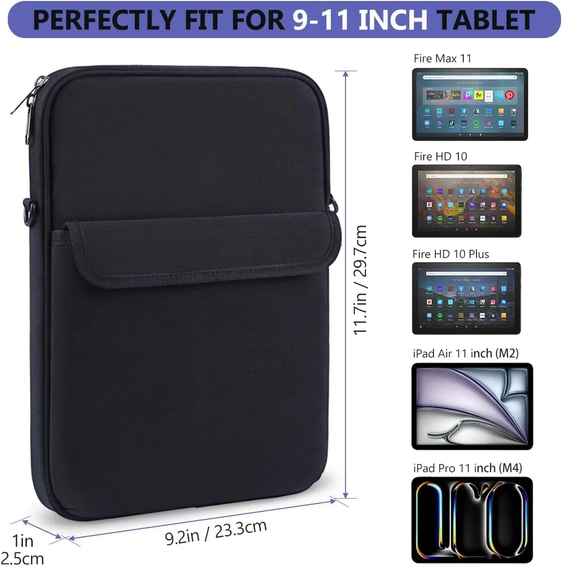 9-11 Inch Tablet Carrying Sleeve Shoulder Bag for iPad Pro M4/iPad Air M2 11" 2024, Amazon Fire Max 11/Fire HD 10/Fire HD 10 Plus/Galaxy Tab S9 S8 S7 S6 11" Protective Case