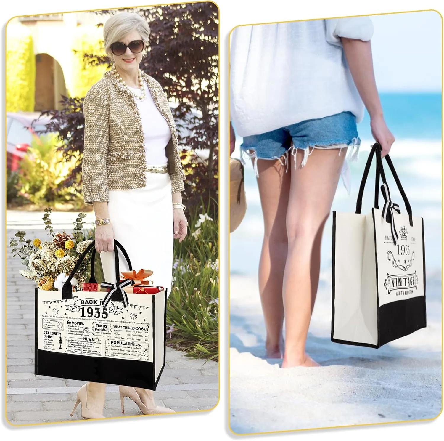 90th Birthday Gifts for Women Canvas Tote Bag Travel Gear, Unique 90 Years Old Birthday Gifts for Mom Wife Aunt Friends Her, Vintage 1935 Handbag & Cosmetic Bag & Back in 1935 Poster