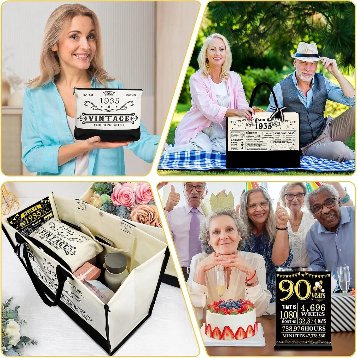 90th Birthday Gifts for Women Canvas Tote Bag Travel Gear, Unique 90 Years Old Birthday Gifts for Mom Wife Aunt Friends Her, Vintage 1935 Handbag & Cosmetic Bag & Back in 1935 Poster
