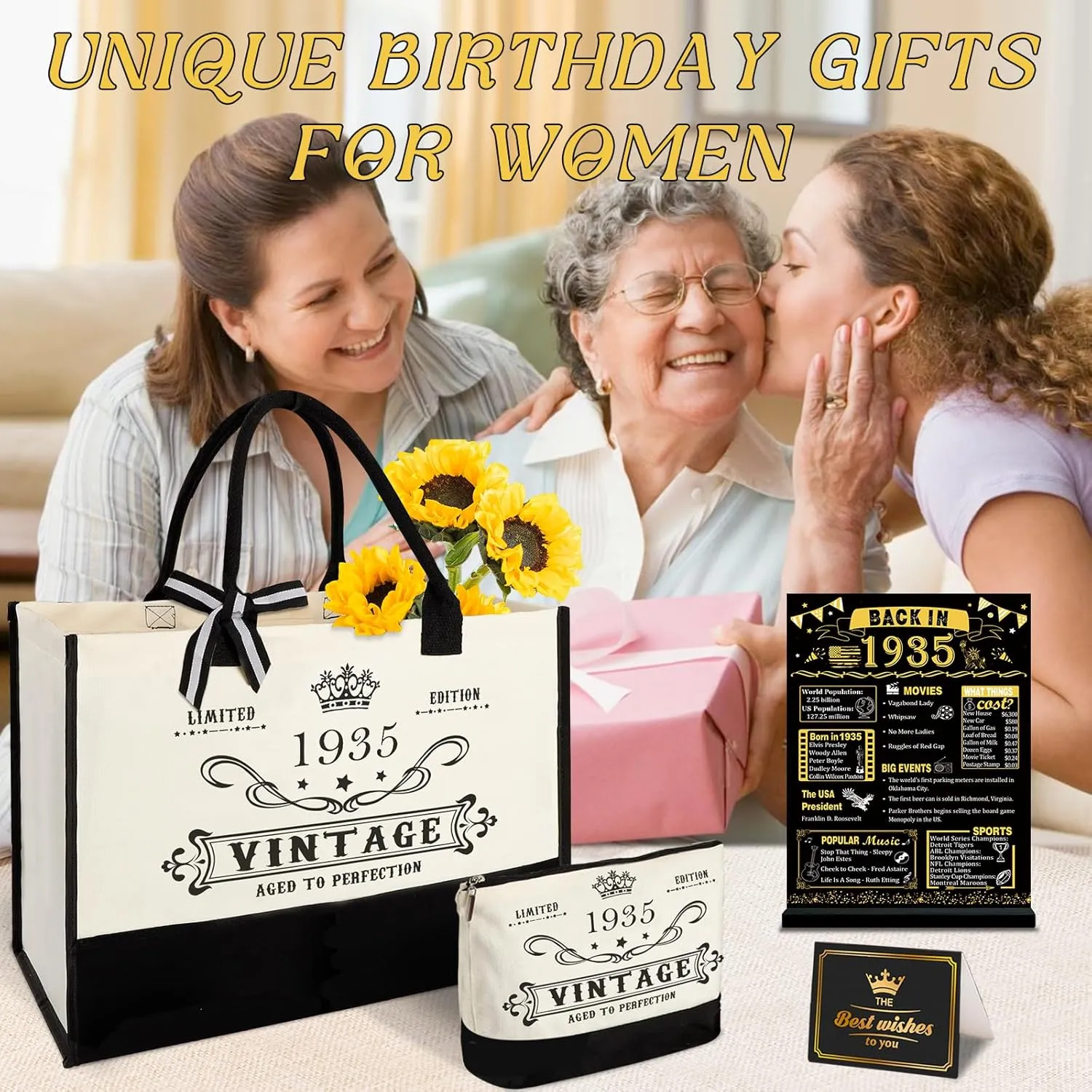 90th Birthday Gifts for Women Canvas Tote Bag Travel Gear, Unique 90 Years Old Birthday Gifts for Mom Wife Aunt Friends Her, Vintage 1935 Handbag & Cosmetic Bag & Back in 1935 Poster