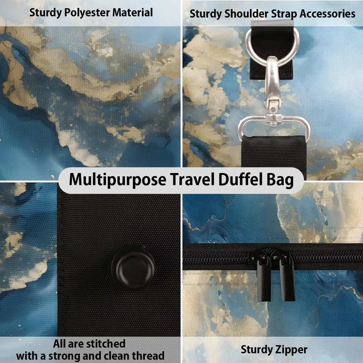 Abstract Blue Golden Marble Travel Duffel Bag for Women Men Waterproof Foldable Overnight Weekender Bag Large Capacity Sports Gym Bag