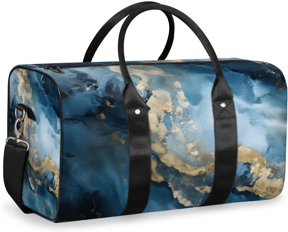 Abstract Blue Golden Marble Travel Duffel Bag for Women Men Waterproof Foldable Overnight Weekender Bag Large Capacity Sports Gym Bag