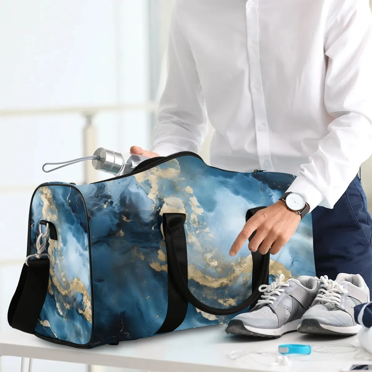 Abstract Blue Golden Marble Travel Duffel Bag for Women Men Waterproof Foldable Overnight Weekender Bag Large Capacity Sports Gym Bag