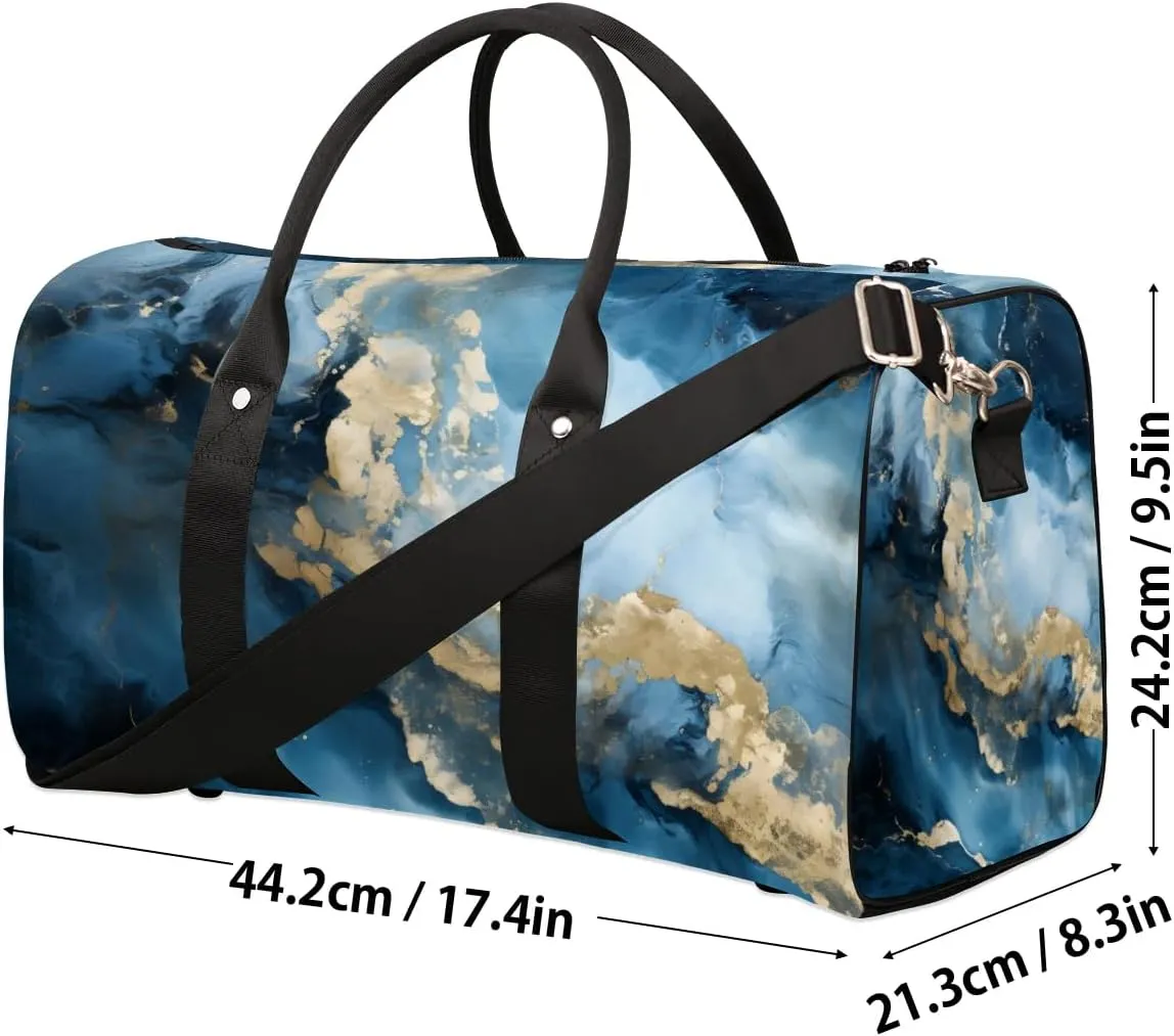 Abstract Blue Golden Marble Travel Duffel Bag for Women Men Waterproof Foldable Overnight Weekender Bag Large Capacity Sports Gym Bag