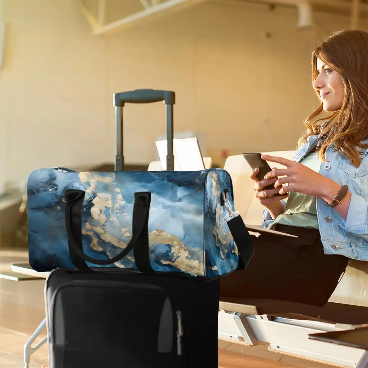 Abstract Blue Golden Marble Travel Duffel Bag for Women Men Waterproof Foldable Overnight Weekender Bag Large Capacity Sports Gym Bag