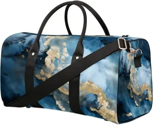 Abstract Blue Golden Marble Travel Duffel Bag for Women Men Waterproof Foldable Overnight Weekender Bag Large Capacity Sports Gym Bag