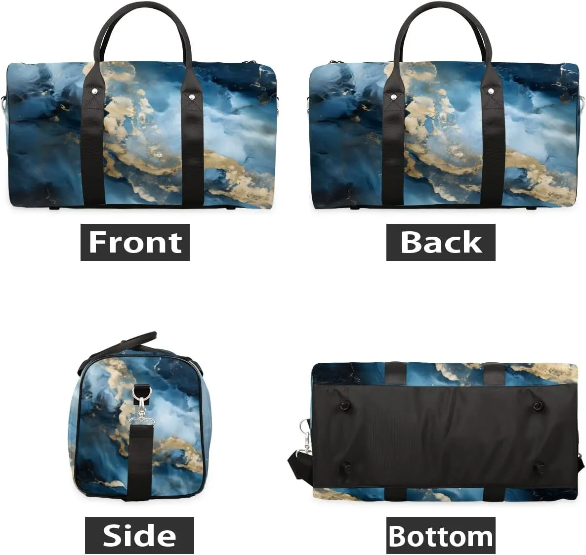 Abstract Blue Golden Marble Travel Duffel Bag for Women Men Waterproof Foldable Overnight Weekender Bag Large Capacity Sports Gym Bag