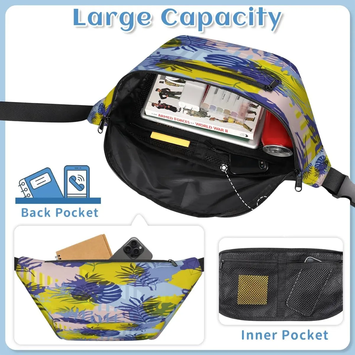 Abstract Palm Leaves Crossbody Sling Bag for Women Men Crossbody Backpack with 4 Zipper Pockets Fanny Pack Shoulder Casual Daypack for Travel Running Hiking Cycling