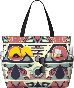 Abstract Style Pattern Print 28L Large Beach Tote Bag, 7 Pockets Waterproof Travel Shoulder Bag, Gym Oversized Tote