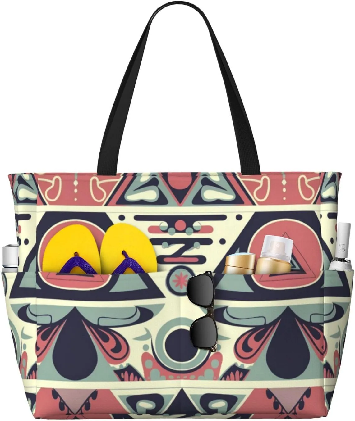 Abstract Style Pattern Print 28L Large Beach Tote Bag, 7 Pockets Waterproof Travel Shoulder Bag, Gym Oversized Tote
