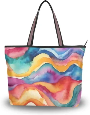 Abstract Watercolor Fluid Tote Bag for Women with Zipper, Casual Handbag Reusable Grocery Bag Lare Size