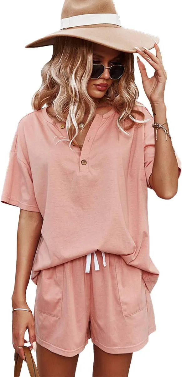 ADDHEAT Women's Short Sleeve Sweatsuits: 2 Piece Casual Outfit Sets with Pockets