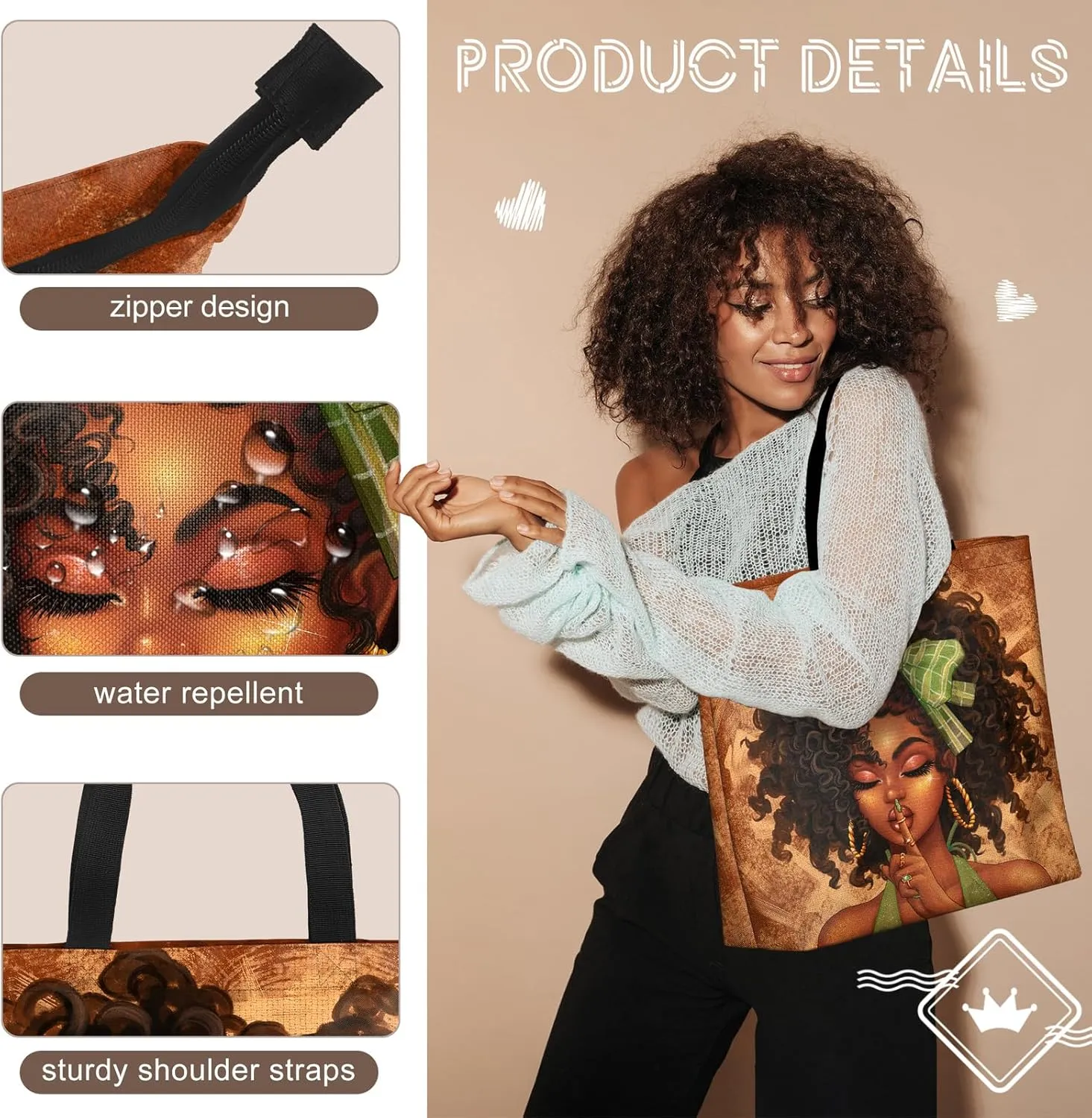 African American Women Tote Bag Black Shoulder Handbag For Women Fit Work Beach Labtops With Zip