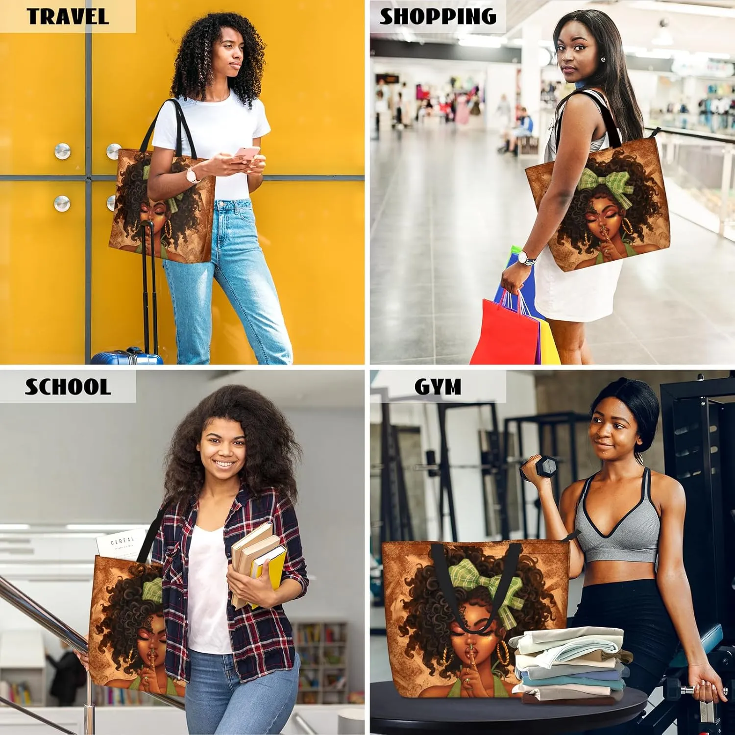 African American Women Tote Bag Black Shoulder Handbag For Women Fit Work Beach Labtops With Zip