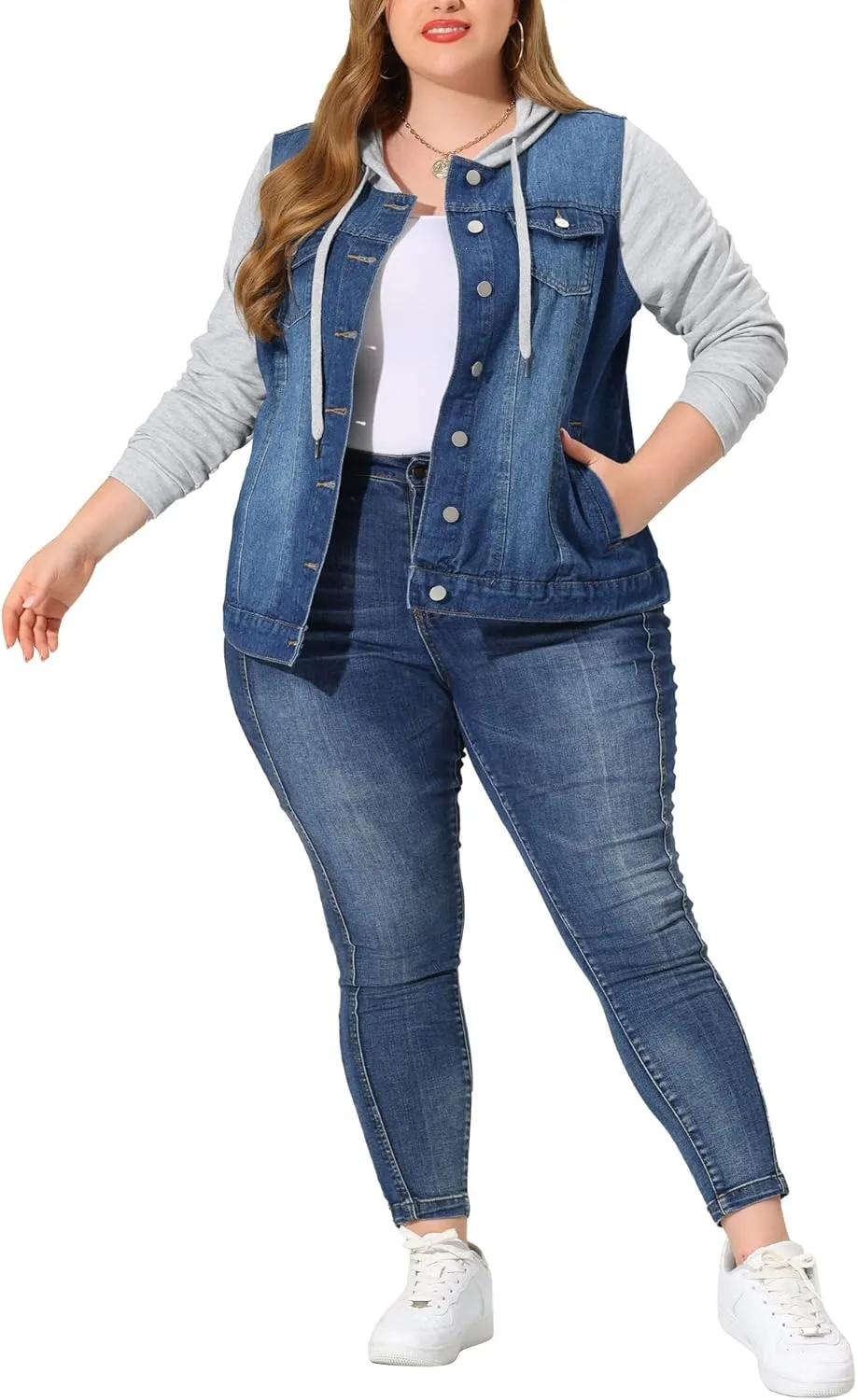 Agnes Orinda Women's Plus Size Denim Jacket with Hood Long Sleeve Western Outfit Casual Hoodie Jean Jackets