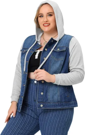 Agnes Orinda Women's Plus Size Denim Jacket with Hood Long Sleeve Western Outfit Casual Hoodie Jean Jackets