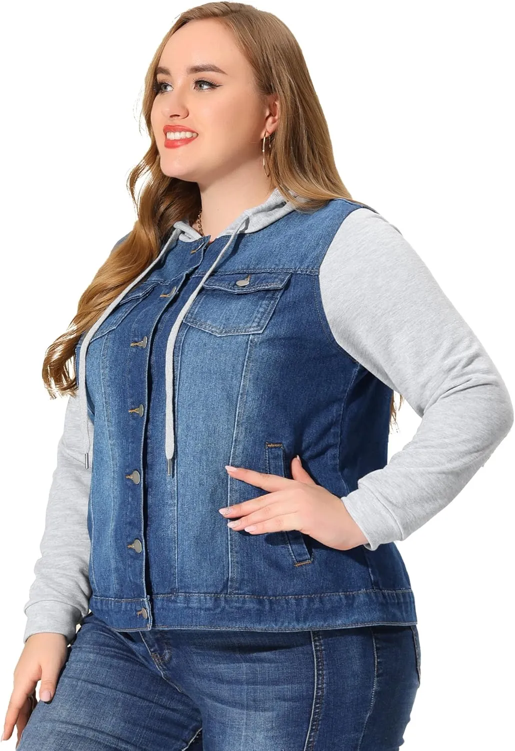 Agnes Orinda Women's Plus Size Denim Jacket with Hood Long Sleeve Western Outfit Casual Hoodie Jean Jackets