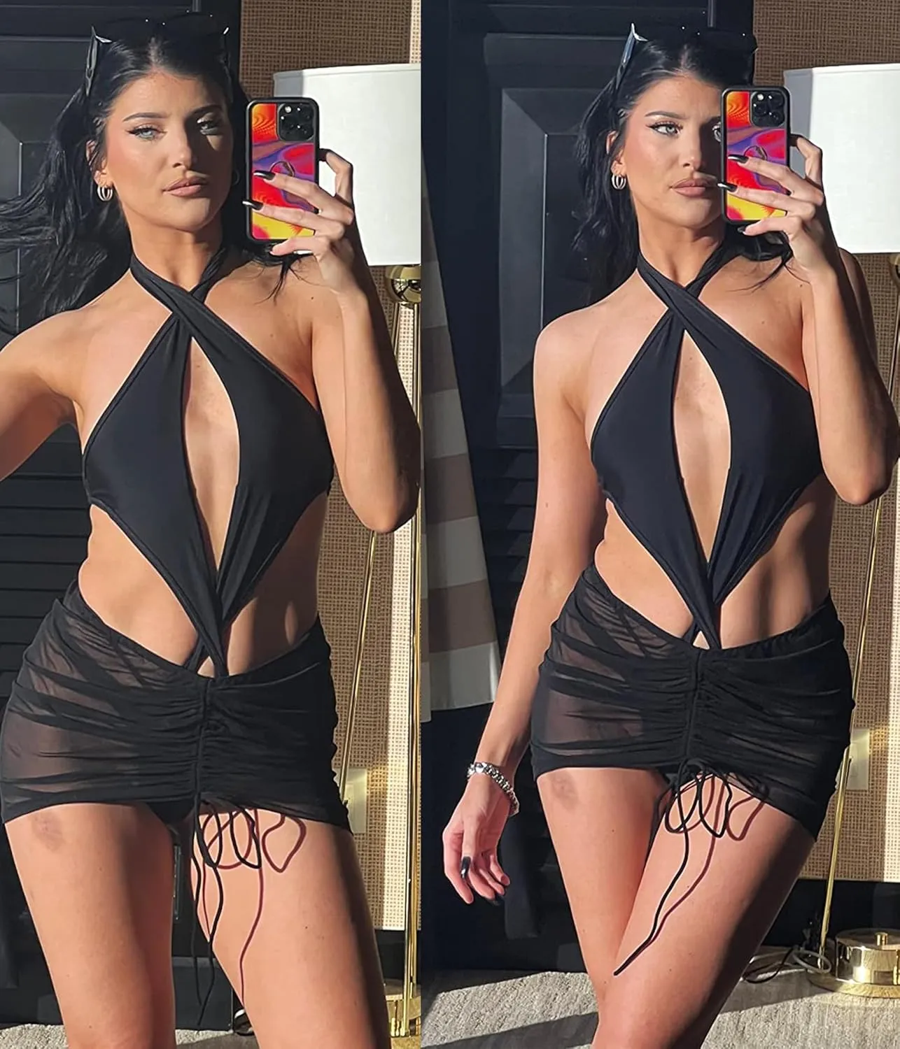 AI'MAGE 2 Pieces Women Beach Sheer Cover Ups Mesh Bikini Wrap Ruched Skirt for Swimwear S-XXL