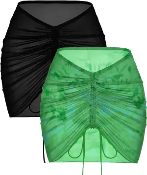 AI'MAGE 2 Pieces Women Beach Sheer Cover Ups Mesh Bikini Wrap Ruched Skirt for Swimwear S-XXL
