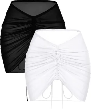 AI'MAGE 2 Pieces Women Beach Sheer Cover Ups Mesh Bikini Wrap Ruched Skirt for Swimwear S-XXL