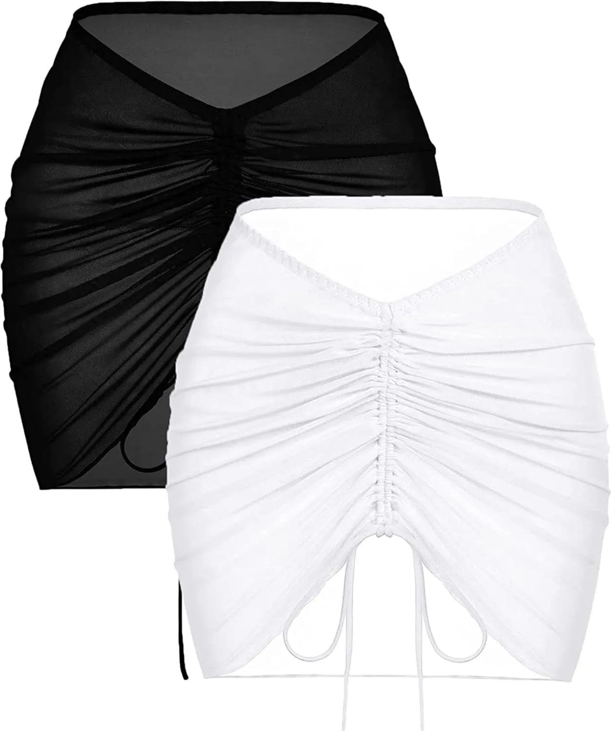 AI'MAGE 2 Pieces Women Beach Sheer Cover Ups Mesh Bikini Wrap Ruched Skirt for Swimwear S-XXL