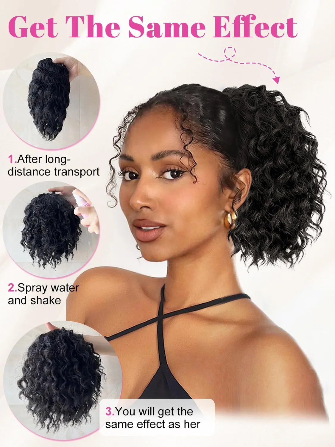 ALXNAN Wavy Curly Ponytail Extension, 8" Black Brown Drawstring Ponytail for Black Women Short Soft Natural Synthetic Hairpiece Thick For Daily Use
