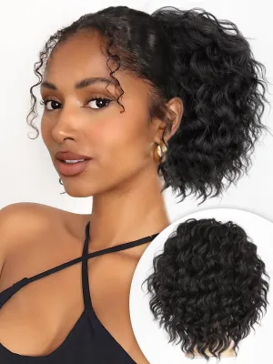 ALXNAN Wavy Curly Ponytail Extension, 8" Black Brown Drawstring Ponytail for Black Women Short Soft Natural Synthetic Hairpiece Thick For Daily Use