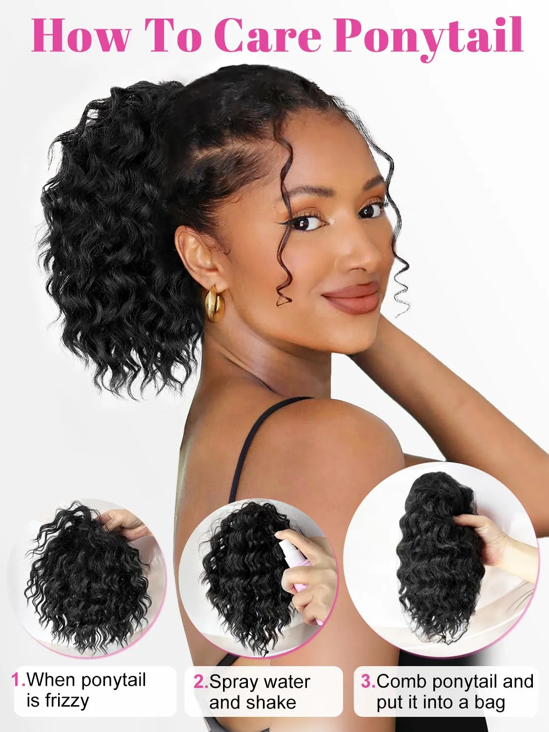 ALXNAN Wavy Curly Ponytail Extension, 8" Black Brown Drawstring Ponytail for Black Women Short Soft Natural Synthetic Hairpiece Thick For Daily Use