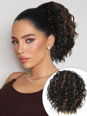 ALXNAN Wavy Curly Ponytail Extension, 8" Black With Highlights Drawstring Ponytail for Black Women Short Soft Natural Synthetic Hairpiece Thick For Daily Use