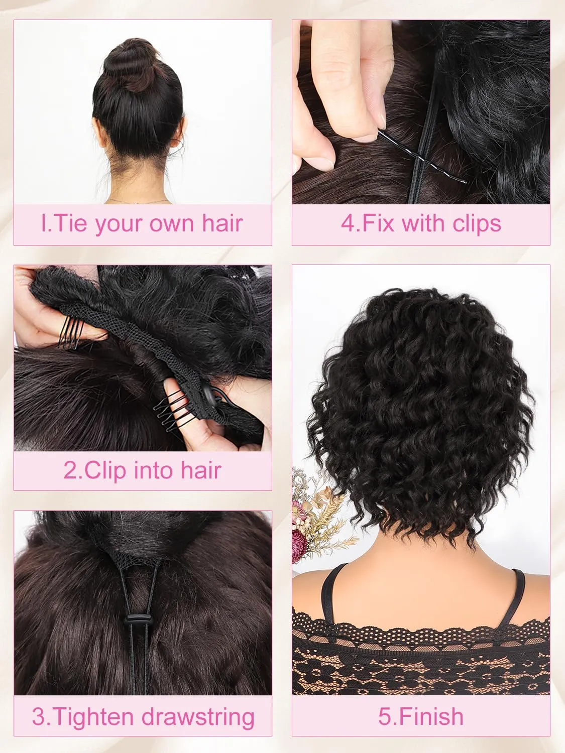 ALXNAN Wavy Curly Ponytail Extension, 8" Mix Brown & Blonde Drawstring Ponytail for Black Women Short Soft Natural Synthetic Hairpiece Thick For Daily Use