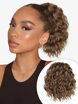 ALXNAN Wavy Curly Ponytail Extension, 8" Mix Brown & Blonde Drawstring Ponytail for Black Women Short Soft Natural Synthetic Hairpiece Thick For Daily Use